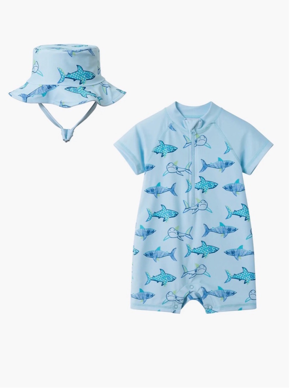 NWT Andy & Evan Light Blue Shark Print Rashguard Suit with Matching Hat
